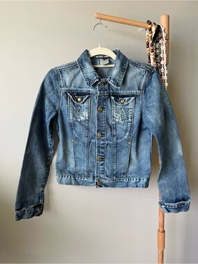 7 For All Mankind Womens Denim Trucker Jacket Medium Blue Distressed Embroidered